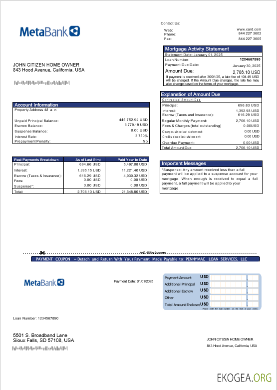 Relevé d'hypothèque de la carte USA Meta Bank aux formats Word et PDF